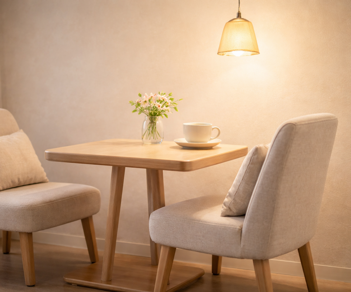 やわらかな光が差し込む木のテーブル席